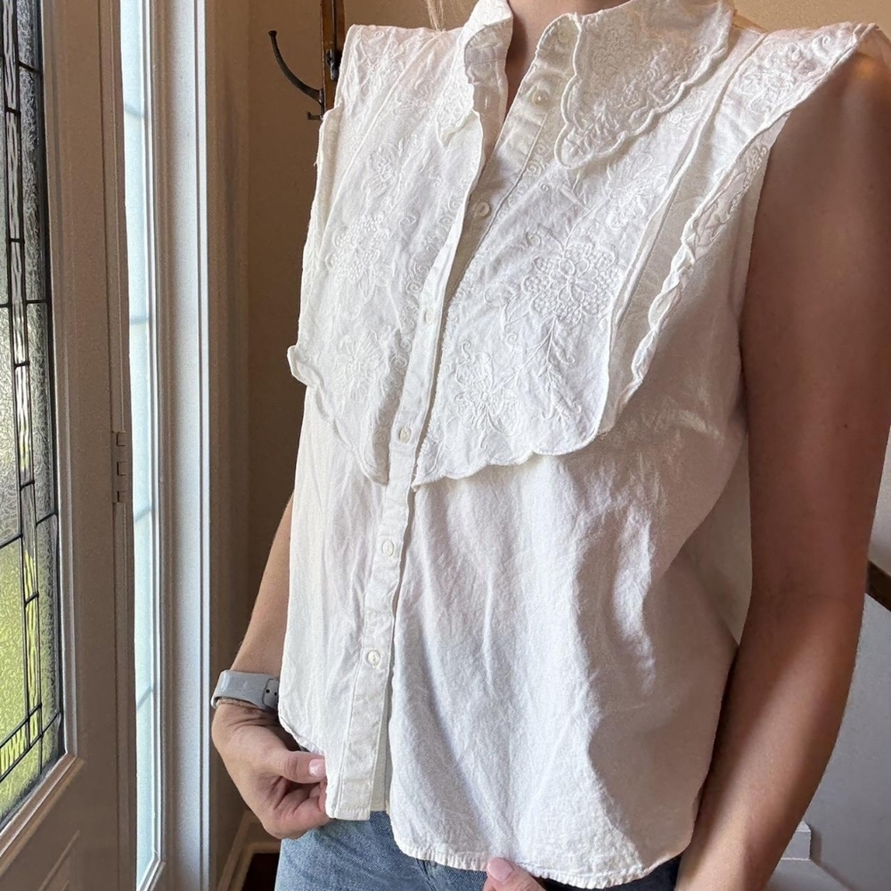 Zara Ivory Sleeveless Embroidered Ruffle Blouse - Picture 2 of 3
